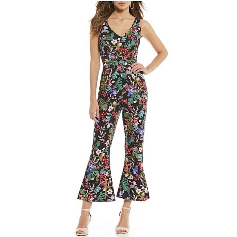 Gianni Bini Sophia Black Floral Print Cropped Flared Leg Sleeveless Jumpsuit Sz8